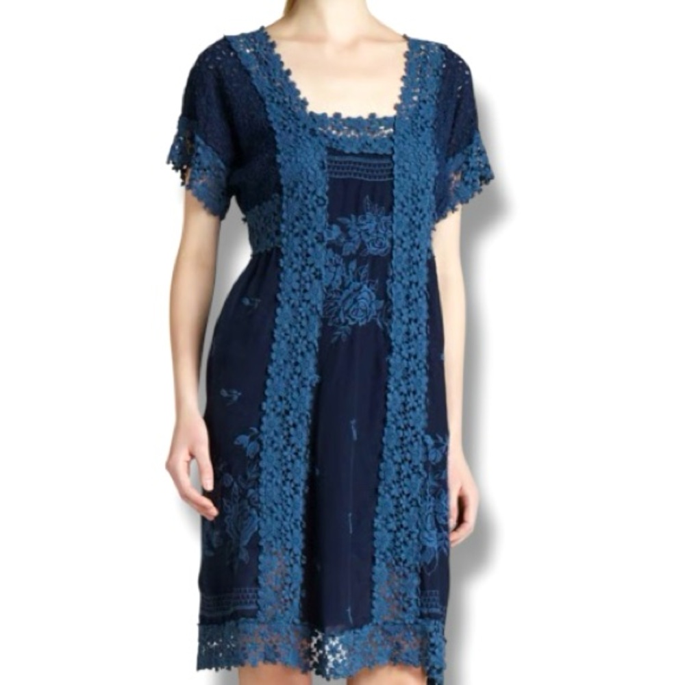 Johnny Was Rose Garden Georgette Lace Crocheted Dress in Blue Size 2X - Picture 2 of 12